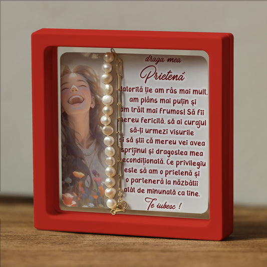 Cadou pentru Prietenă ❤ Brățară din argint placat și perle, cu mesaj, ramă 3 culori