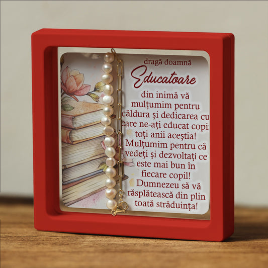 Cadou pentru Educatoare  ❤ Brățară din argint placat și perle, cu mesaj, ramă 3 culori