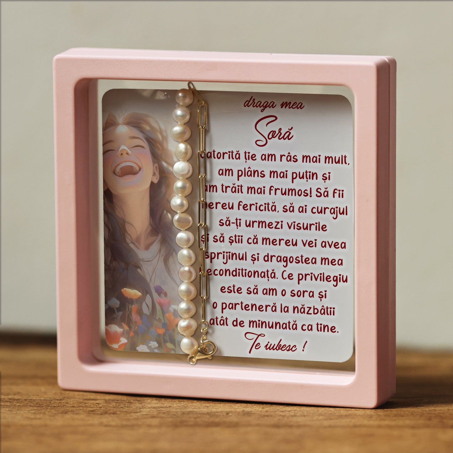 Cadou pentru Soră ❤ Brățară din argint placat și perle, cu mesaj, ramă 3 culori
