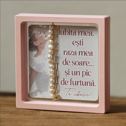 Cadou pentru Iubită ❤ Brățară din argint placat și perle, cu mesaj amuzant, ramă 3 culori