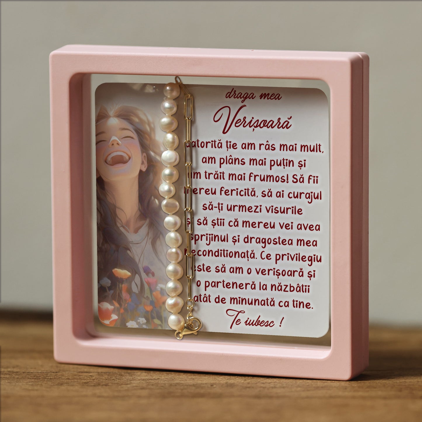 Cadou pentru Verișoară ❤ Brățară din argint placat și perle, cu mesaj, ramă 3 culori