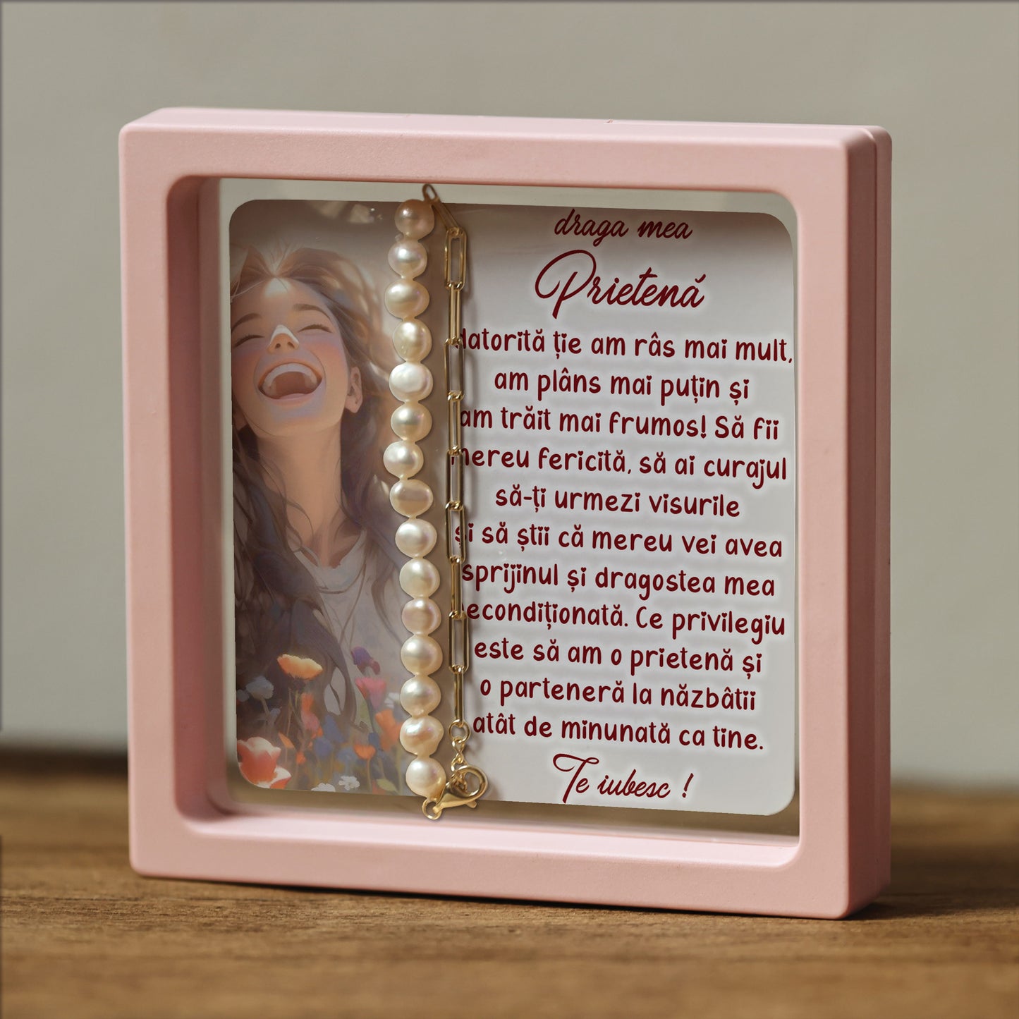 Cadou pentru Prietenă ❤ Brățară din argint placat și perle, cu mesaj, ramă 3 culori