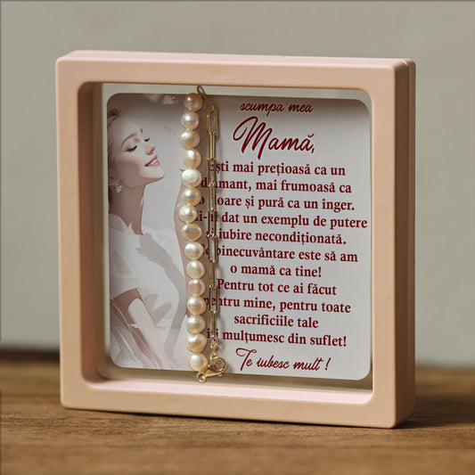 Cadou pentru Mamă ❤ Brățară din argint placat și perle, mesaj singular, ramă 3 culori