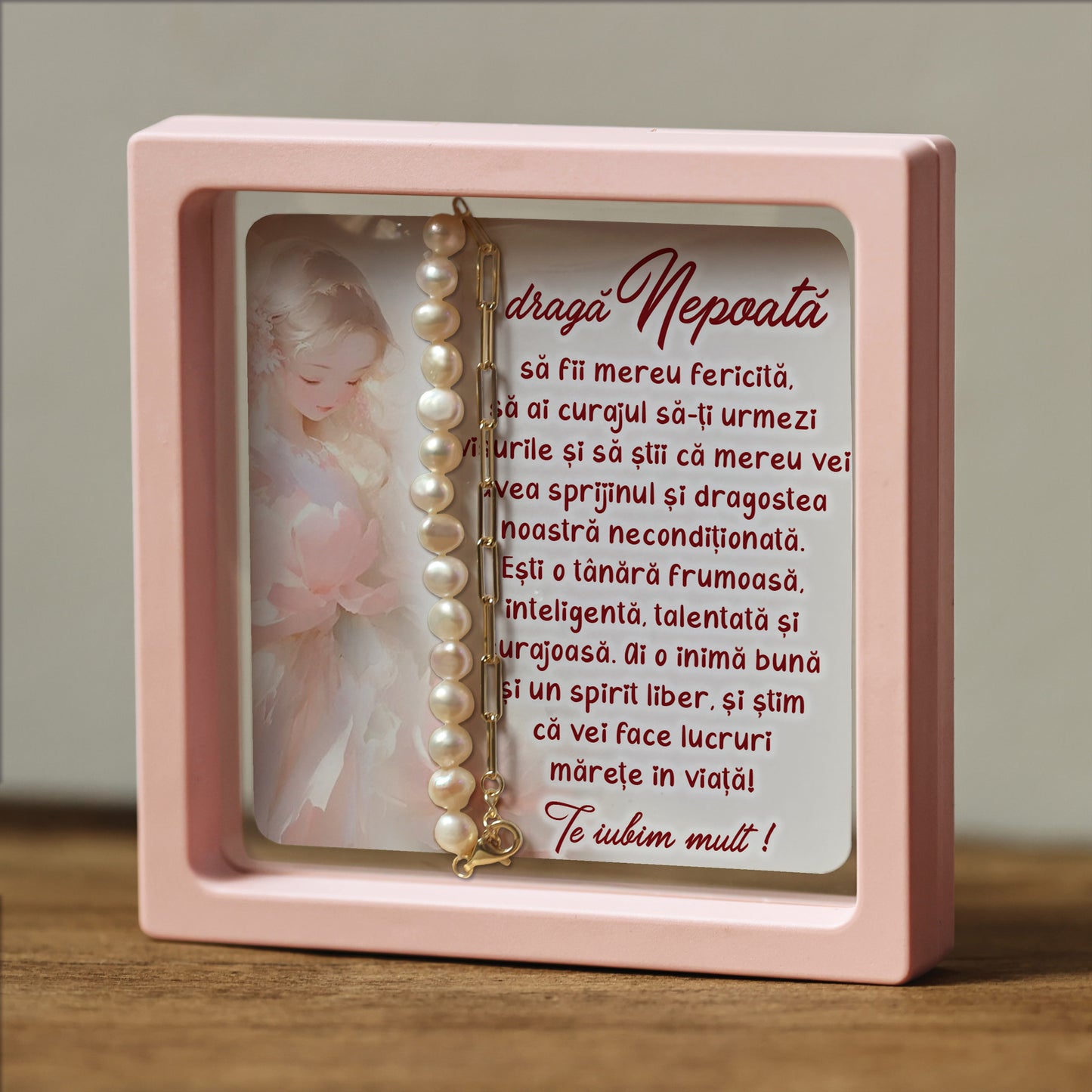 Cadou pentru Nepoată ❤ Brățară din argint placat și perle, cu mesaj plural, ramă 3 culori
