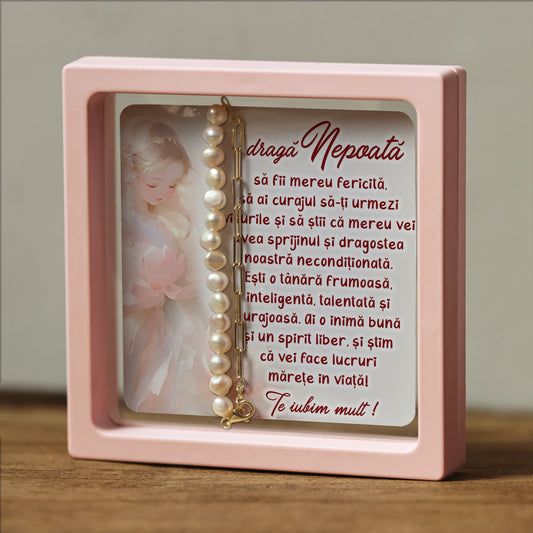 Cadou pentru Nepoată ❤ Brățară din argint placat și perle, cu mesaj plural, ramă 3 culori