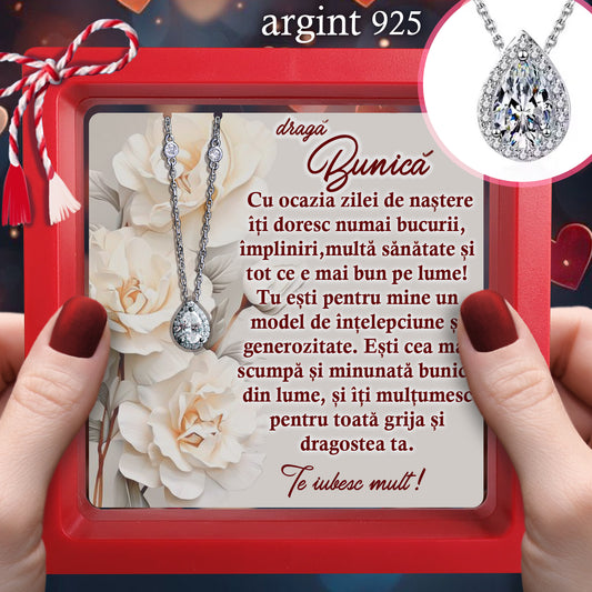 Cadou pentru Bunică ❤ Lănțișor din argint Strop, cu mesaj singular, ramă 3 culori