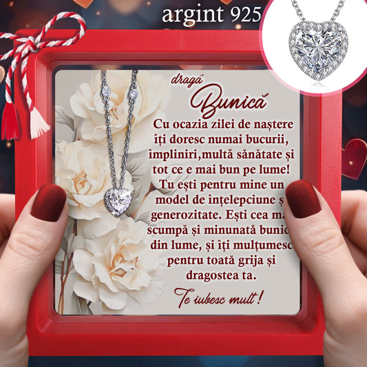 Cadou pentru Bunică ❤ Lănțișor din argint Inimă, cu mesaj singular, ramă 3 culori