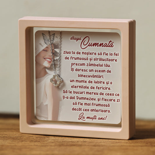 Cadou pentru Cumnată ❤ Lănțișor din argint Floare, cu mesaj, ramă 3 culori
