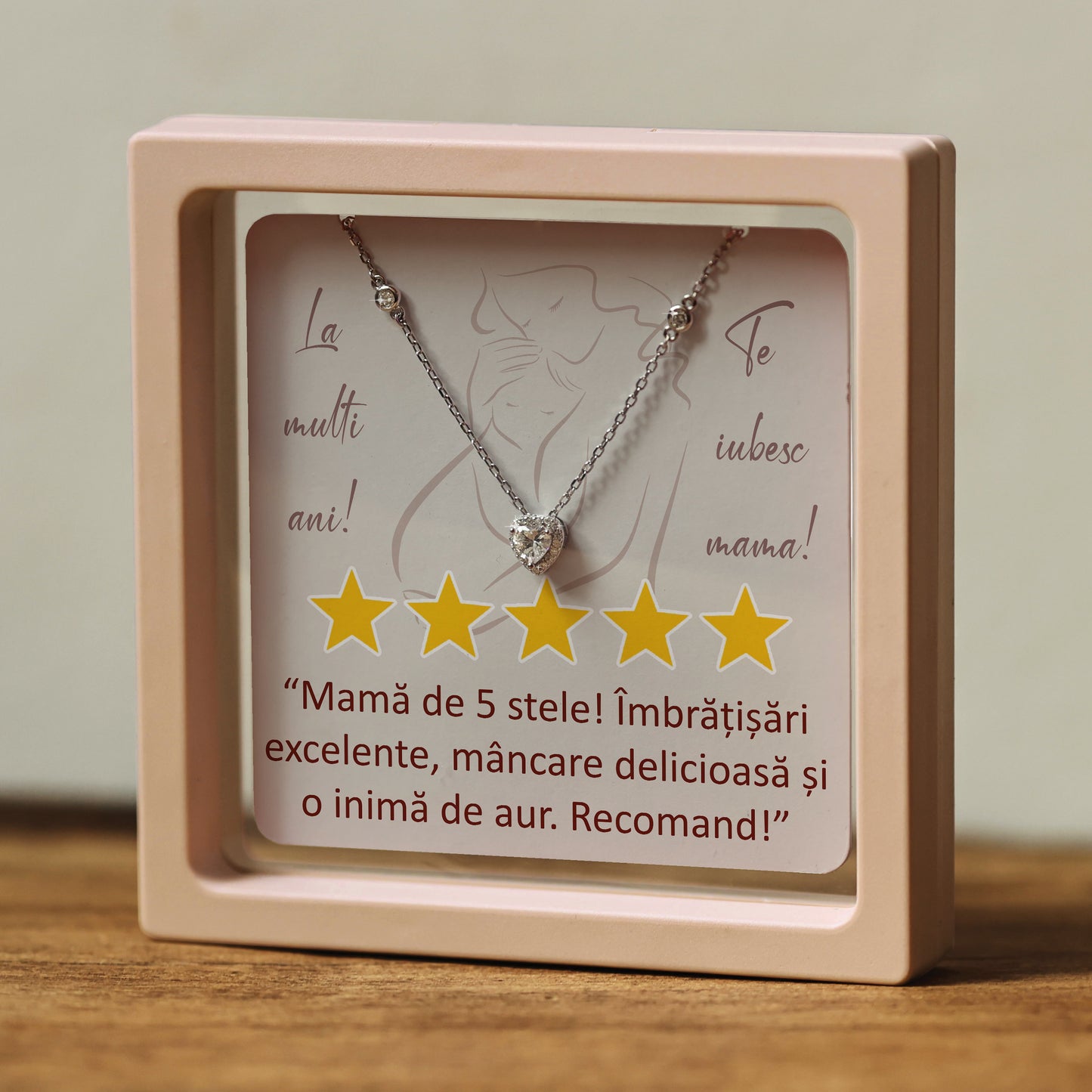 Cadou pentru Mamă ❤ Lanțișor din argint Inimă, cu mesaj "5 stele", ramă 3 culori