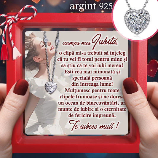 Cadou pentru Iubită ❤ Lănțișor din argint Inimă, cu mesaj, ramă 3 culori