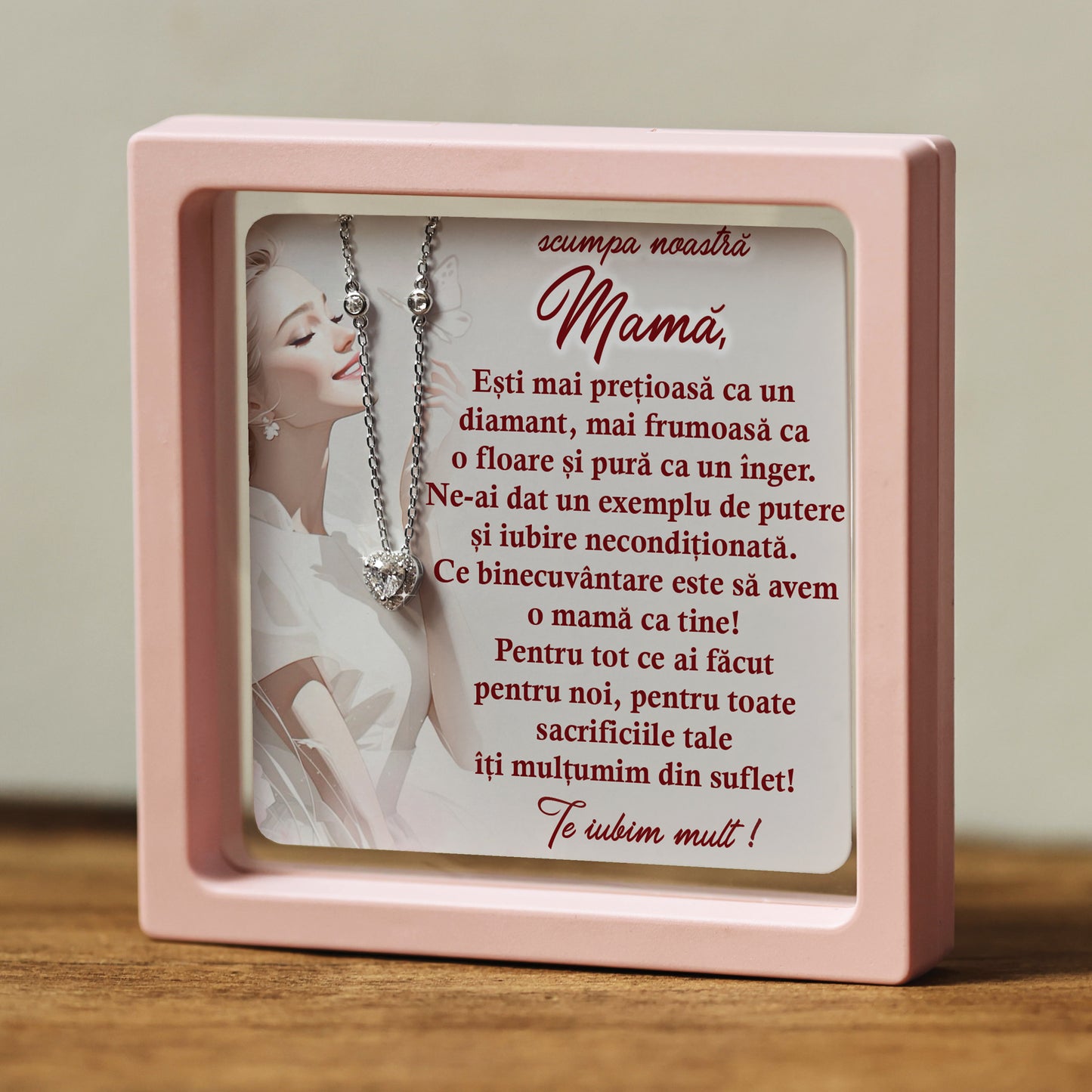 Cadou pentru Mamă ❤ Lanțișor din argint Inimă, cu mesaj plural, ramă 3 culori