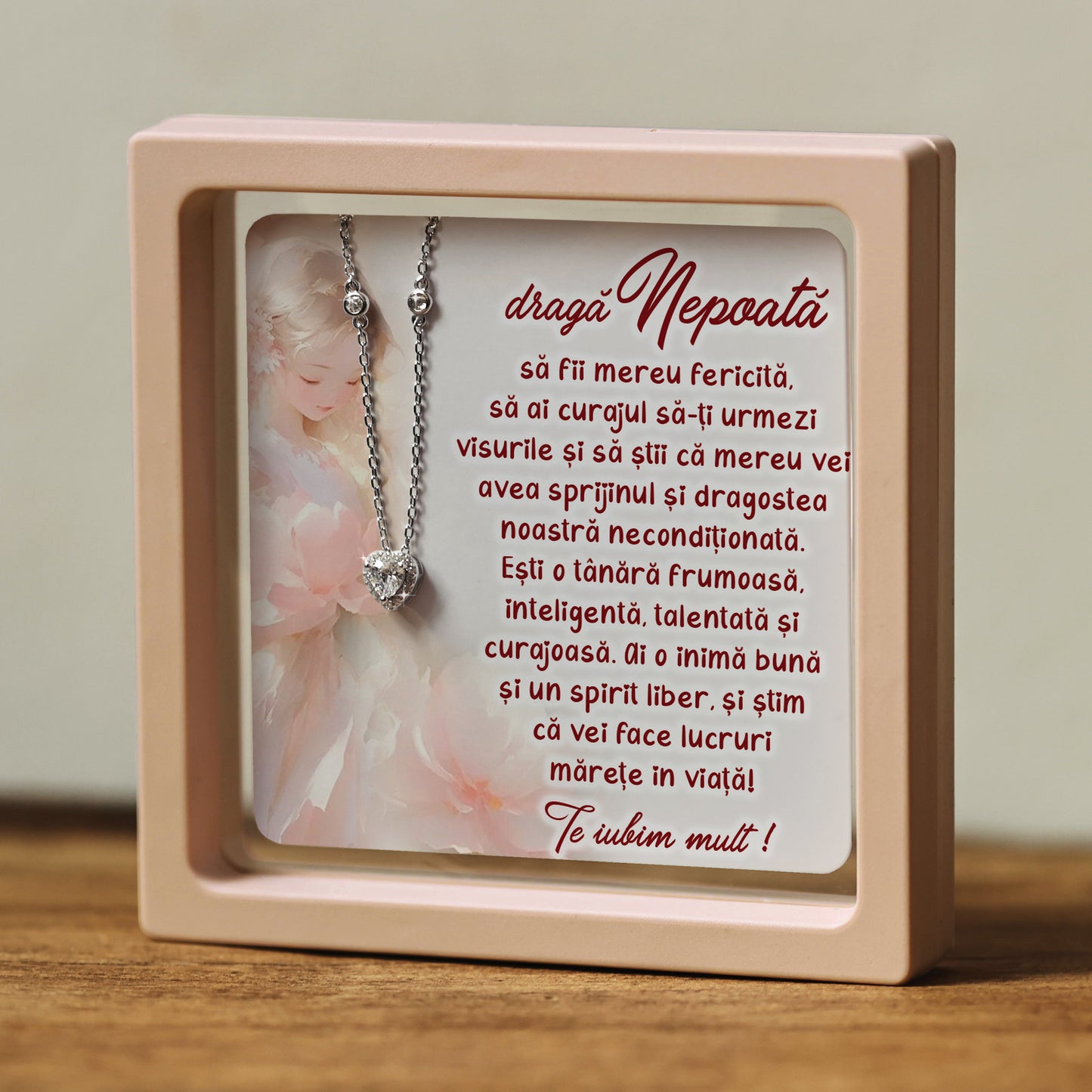 Cadou pentru Nepoată ❤ Lanțișor din argint Inimă, cu mesaj plural, ramă 3 culori