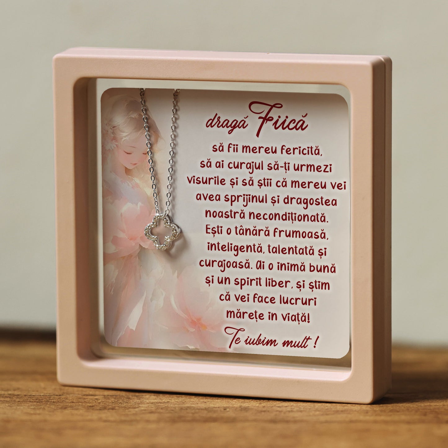 Cadou pentru Fiică ❤ Lanțișor din argint Floare, cu mesaj plural, ramă 3 culori