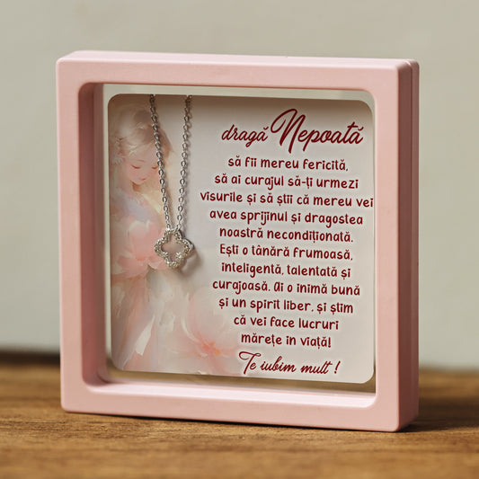 Cadou pentru Nepoată ❤ Lanțișor din argint Floare, cu mesaj plural, ramă 3 culori