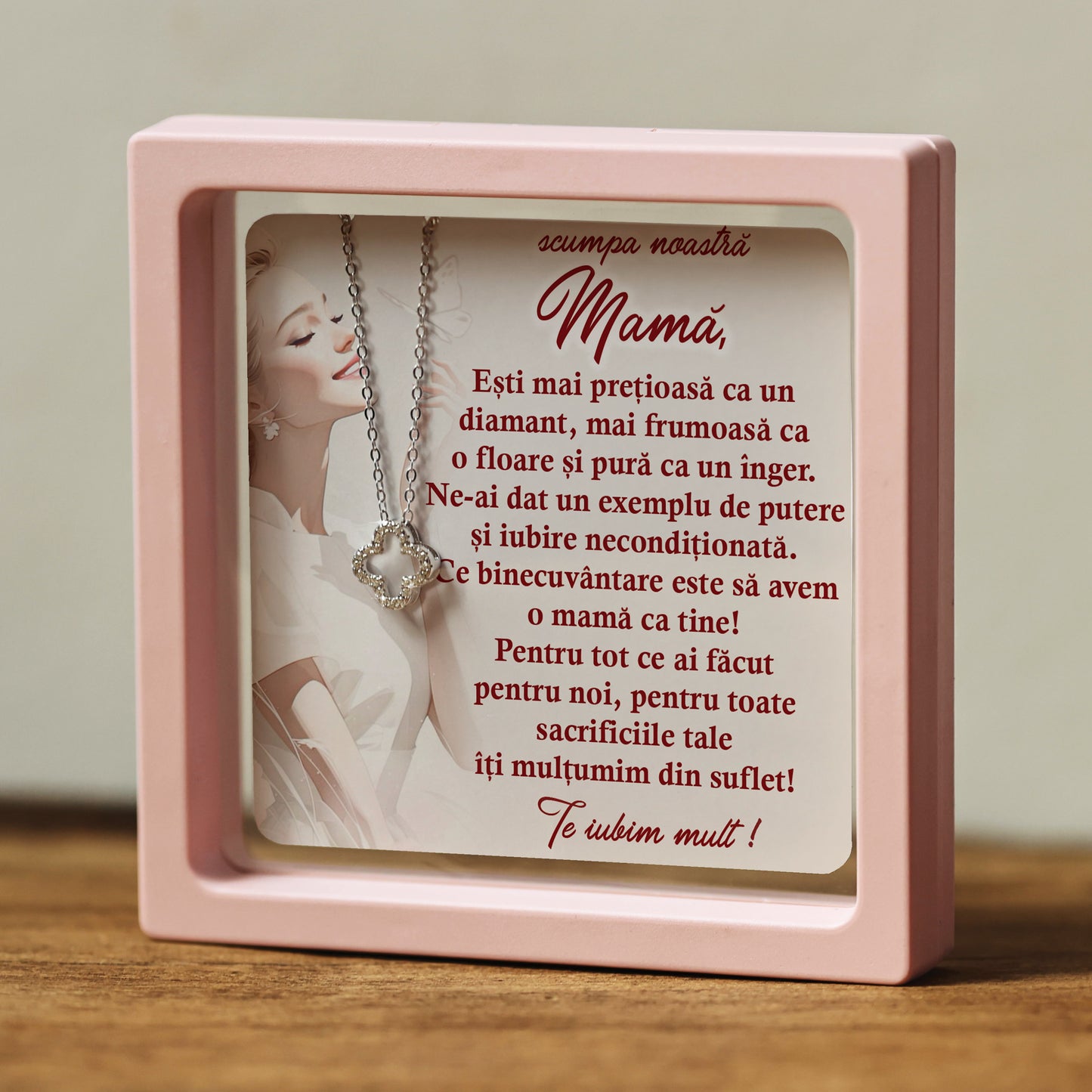 Cadou pentru Mamă ❤ Lanțișor din argint Floare, cu mesaj plural, ramă 3 culori