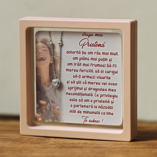 Cadou pentru Prietenă ❤ Lanțișor din argint Inimă, cu mesaj, ramă 3 culori