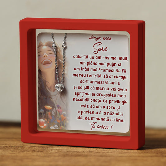 Cadou pentru Soră ❤ Lanțișor din argint Inimă, cu mesaj, ramă 3 culori