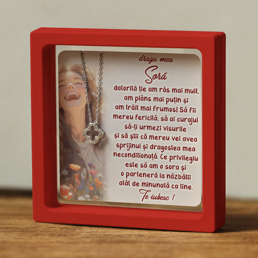 Cadou pentru Soră ❤ Lanțișor din argint Floare, cu mesaj, ramă 3 culori