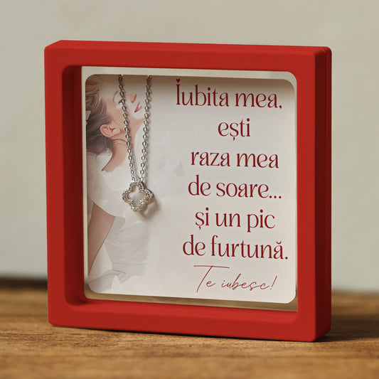 Cadou pentru Iubita ❤ Lanțișor din argint Floare, cu mesaj amuzant, ramă 3 culori