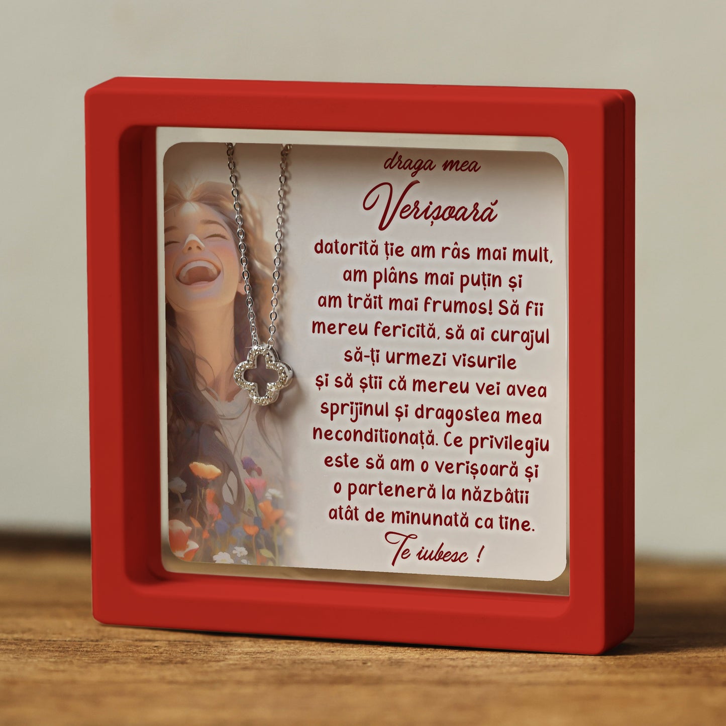 Cadou pentru Verișoară ❤ Lanțișor din argint Floare, cu mesaj, ramă 3 culori