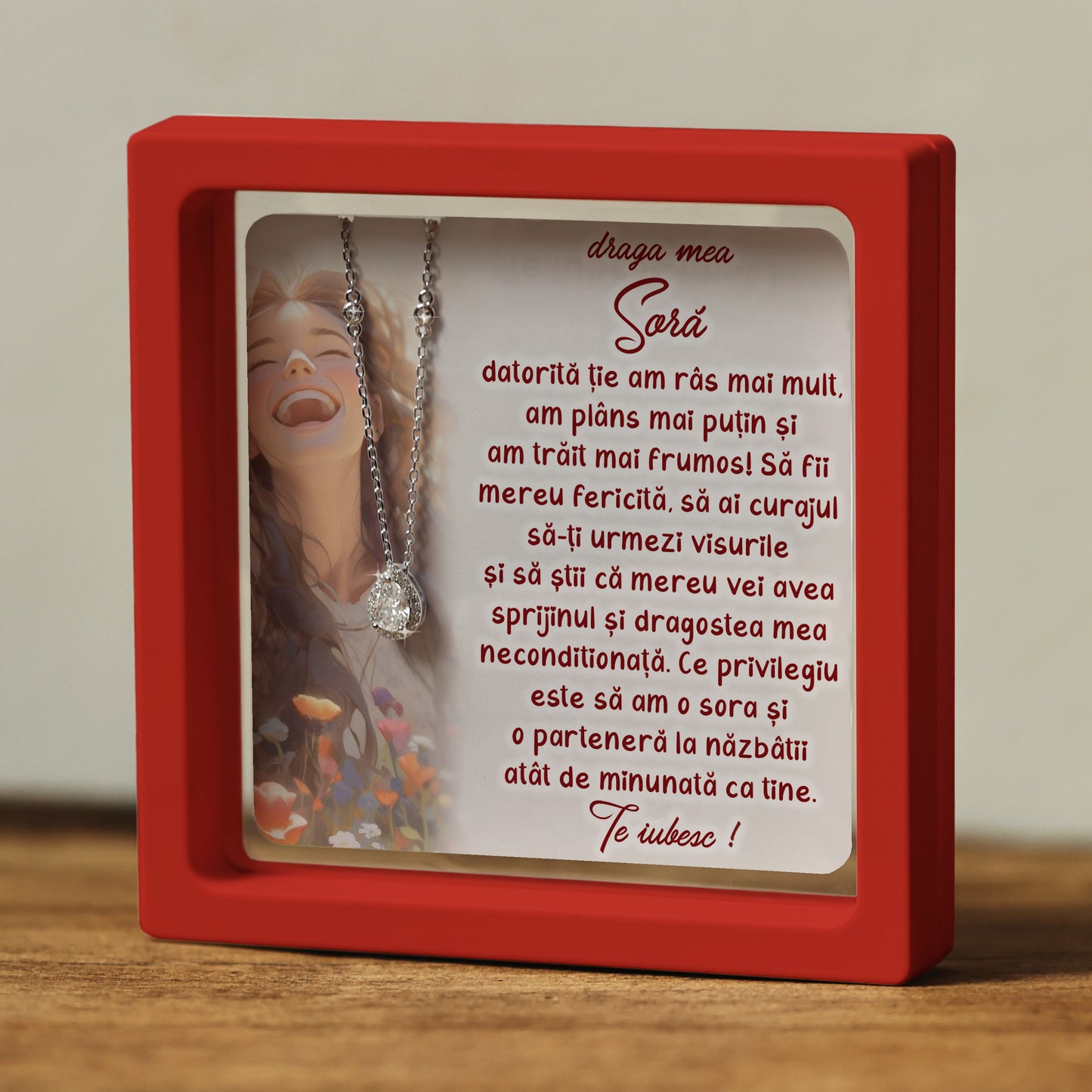 Cadou pentru Soră ❤ Lanțișor din argint Strop, cu mesaj, ramă 3 culori