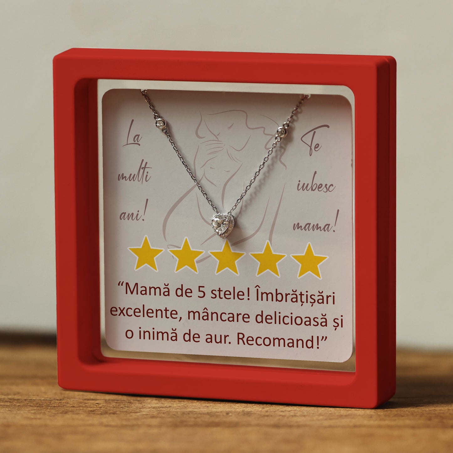 Cadou pentru Mamă ❤ Lanțișor din argint Inimă, cu mesaj "5 stele", ramă 3 culori
