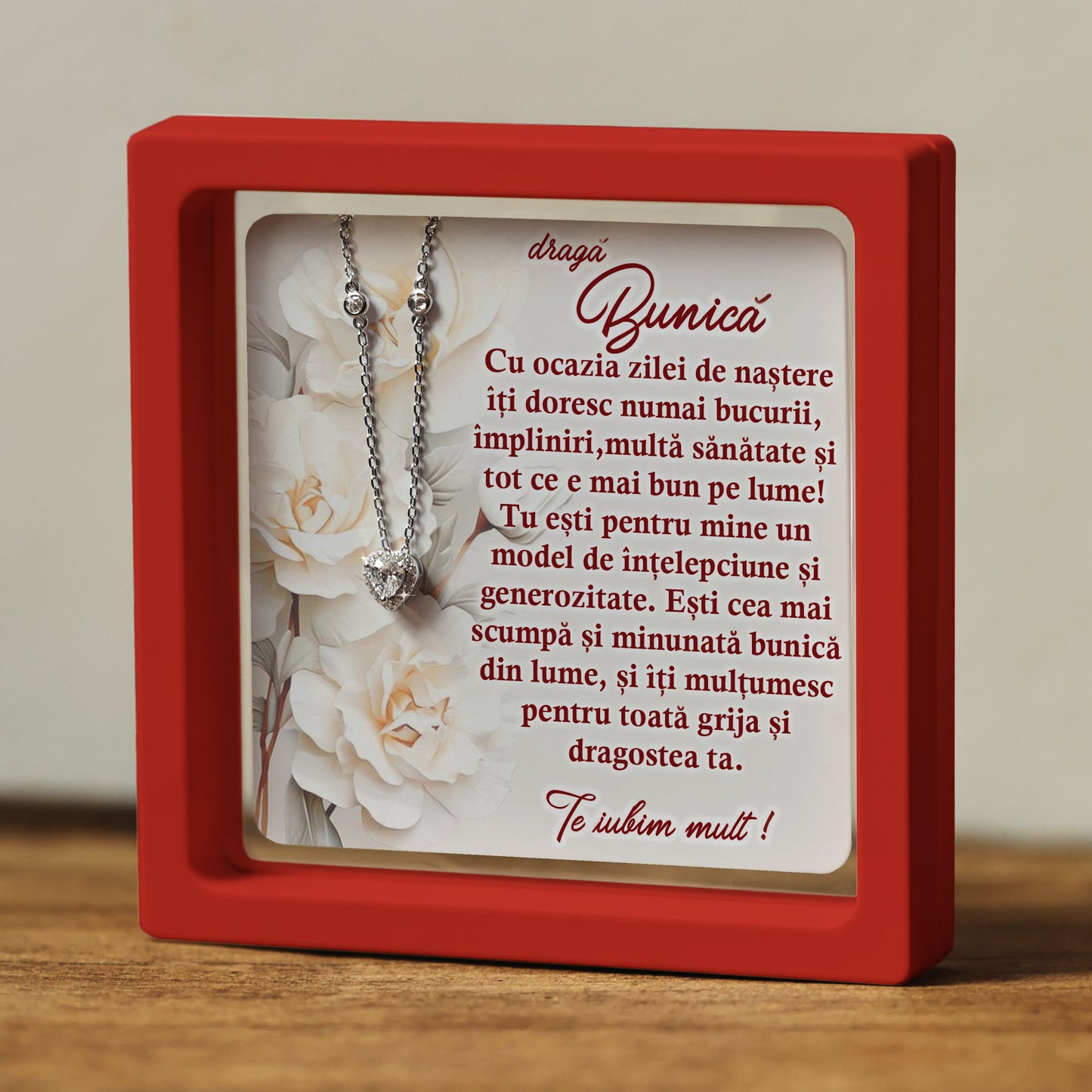 Cadou pentru Bunică ❤ Lănțișor din argint Inimă, cu mesaj singular, ramă 3 culori