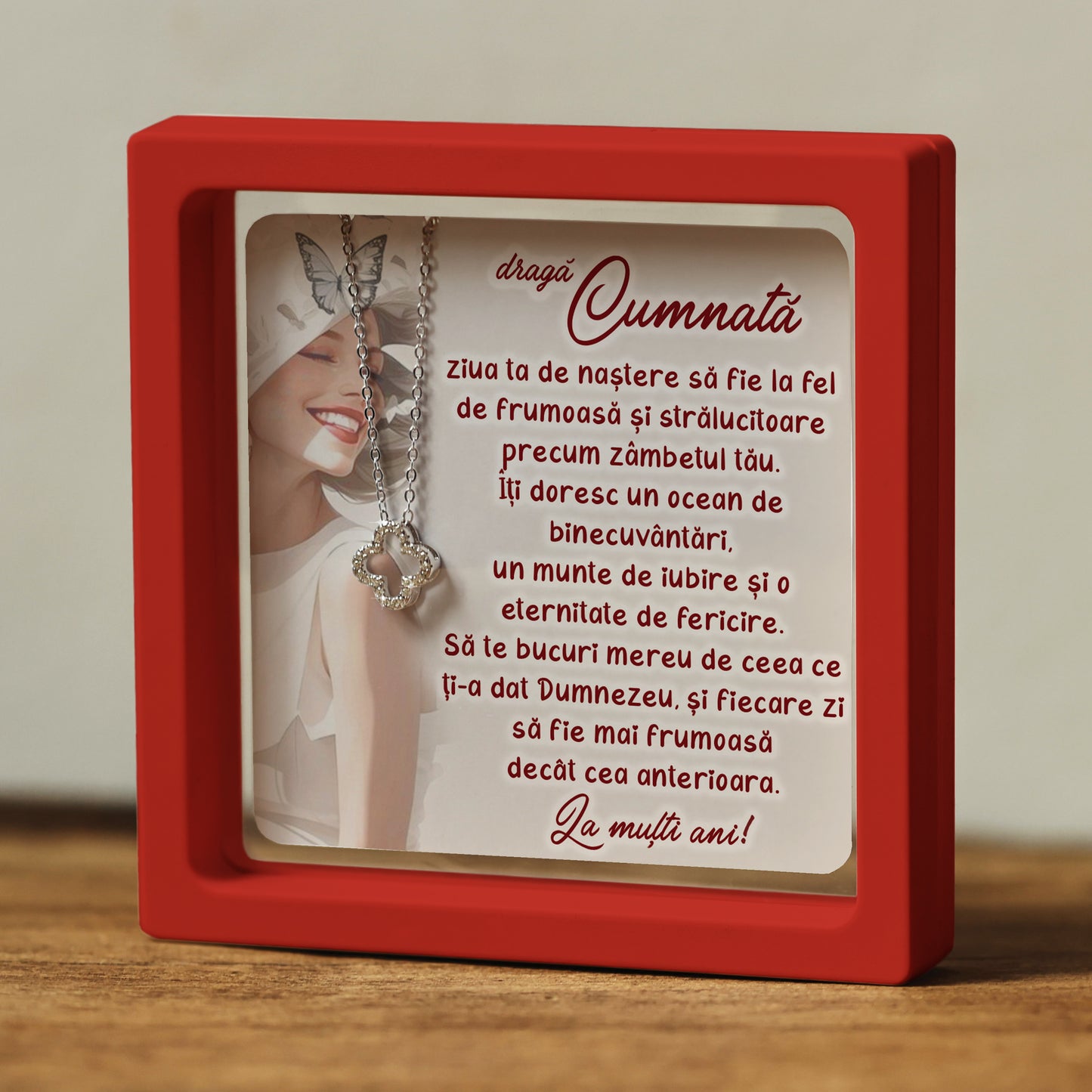 Cadou pentru Cumnată ❤ Lănțișor din argint Floare, cu mesaj, ramă 3 culori