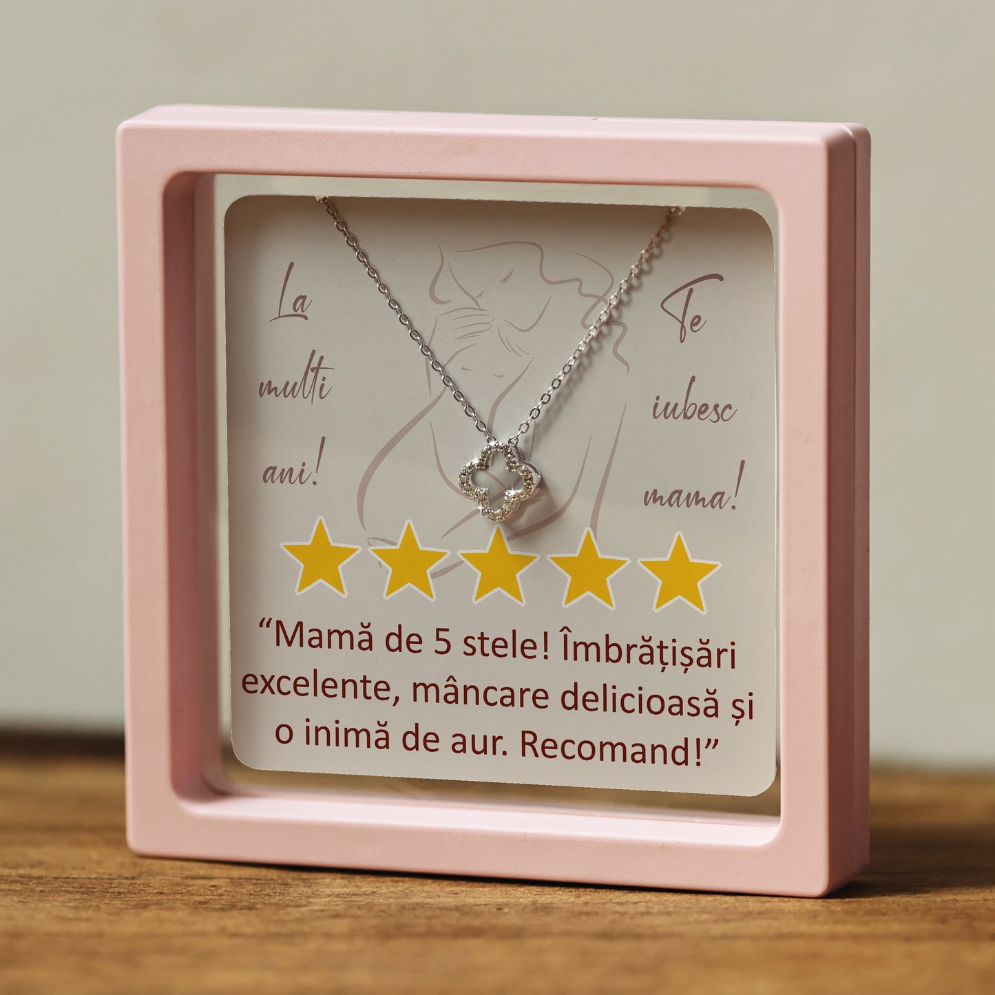 Cadou pentru Mamă ❤ Lanțișor din argint Floare, cu mesaj "5 stele", ramă 3 culori