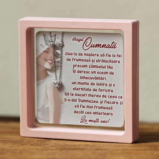 Cadou pentru Cumnată ❤ Lănțișor din argint Inimă, cu mesaj, ramă 3 culori