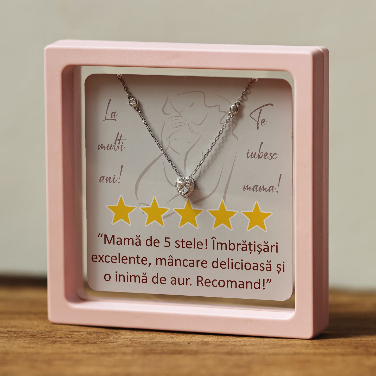 Cadou pentru Mamă ❤ Lanțișor din argint Inimă, cu mesaj "5 stele", ramă 3 culori