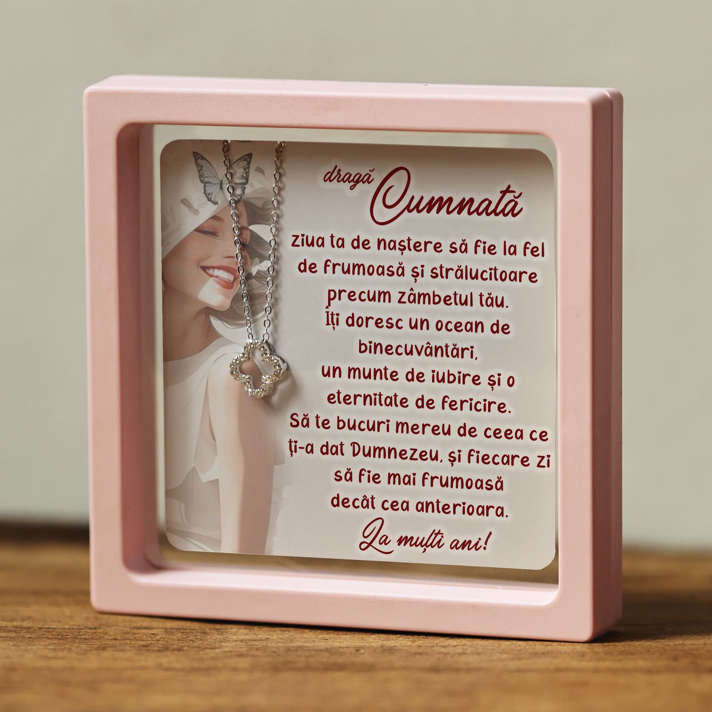 Cadou pentru Cumnată ❤ Lănțișor din argint Floare, cu mesaj, ramă 3 culori
