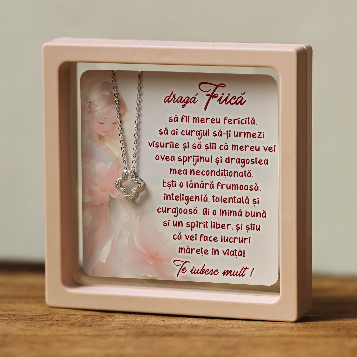 Cadou pentru Fiică ❤ Lanțișor din argint Floare, cu mesaj singular, ramă 3 culori