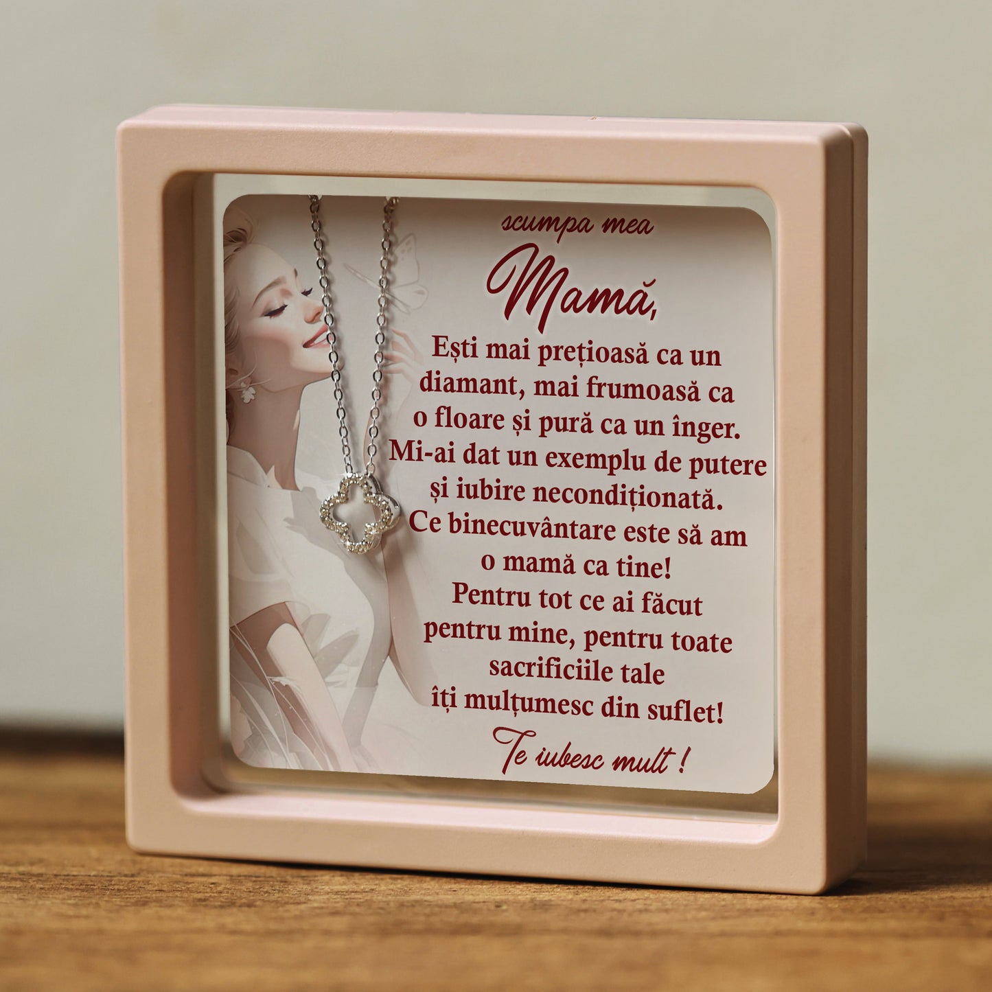 Cadou pentru Mamă ❤ Lanțișor din argint Floare, cu mesaj singular, ramă 3 culori
