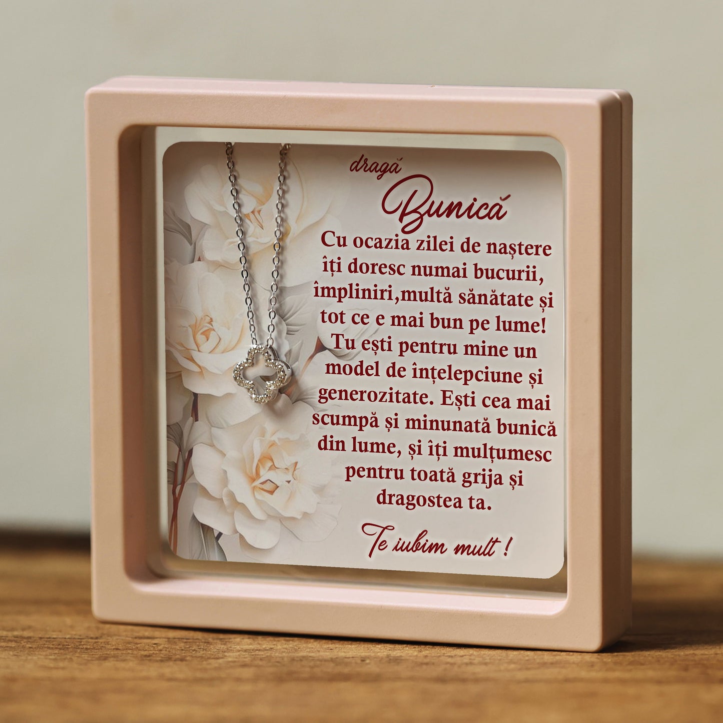 Cadou pentru Bunică ❤ Lanțișor din argint Floare, cu mesaj singular, ramă 3 culori