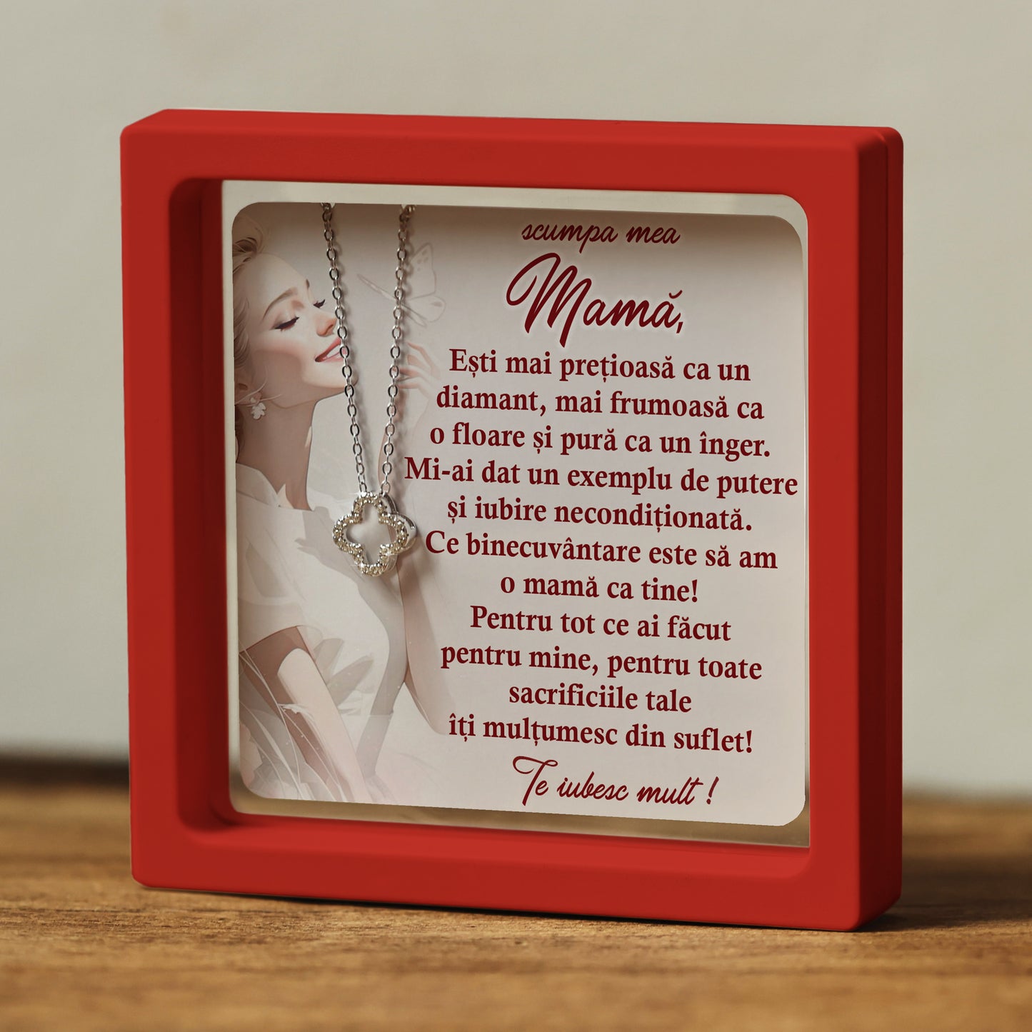 Cadou pentru Mamă ❤ Lanțișor din argint Floare, cu mesaj singular, ramă 3 culori