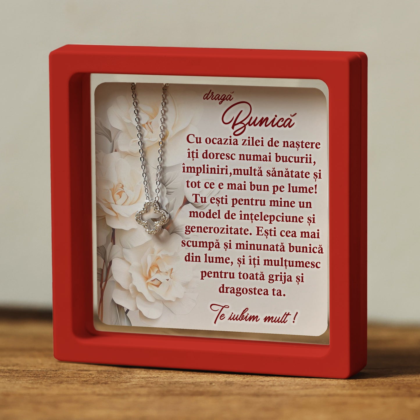 Cadou pentru Bunică ❤ Lanțișor din argint Floare, cu mesaj singular, ramă 3 culori
