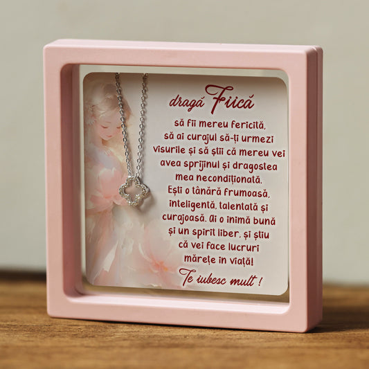 Cadou pentru Fiică ❤ Lanțișor din argint Floare, cu mesaj singular, ramă 3 culori