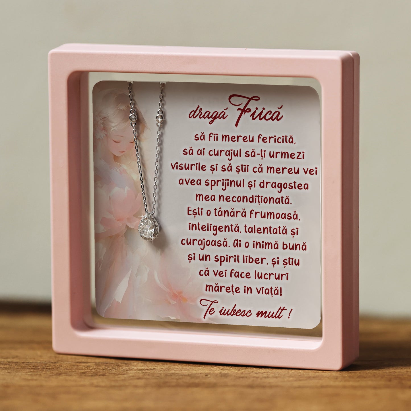 Cadou pentru Fiică ❤ Lanțișor din argint Strop, cu mesaj singular, ramă 3 culori