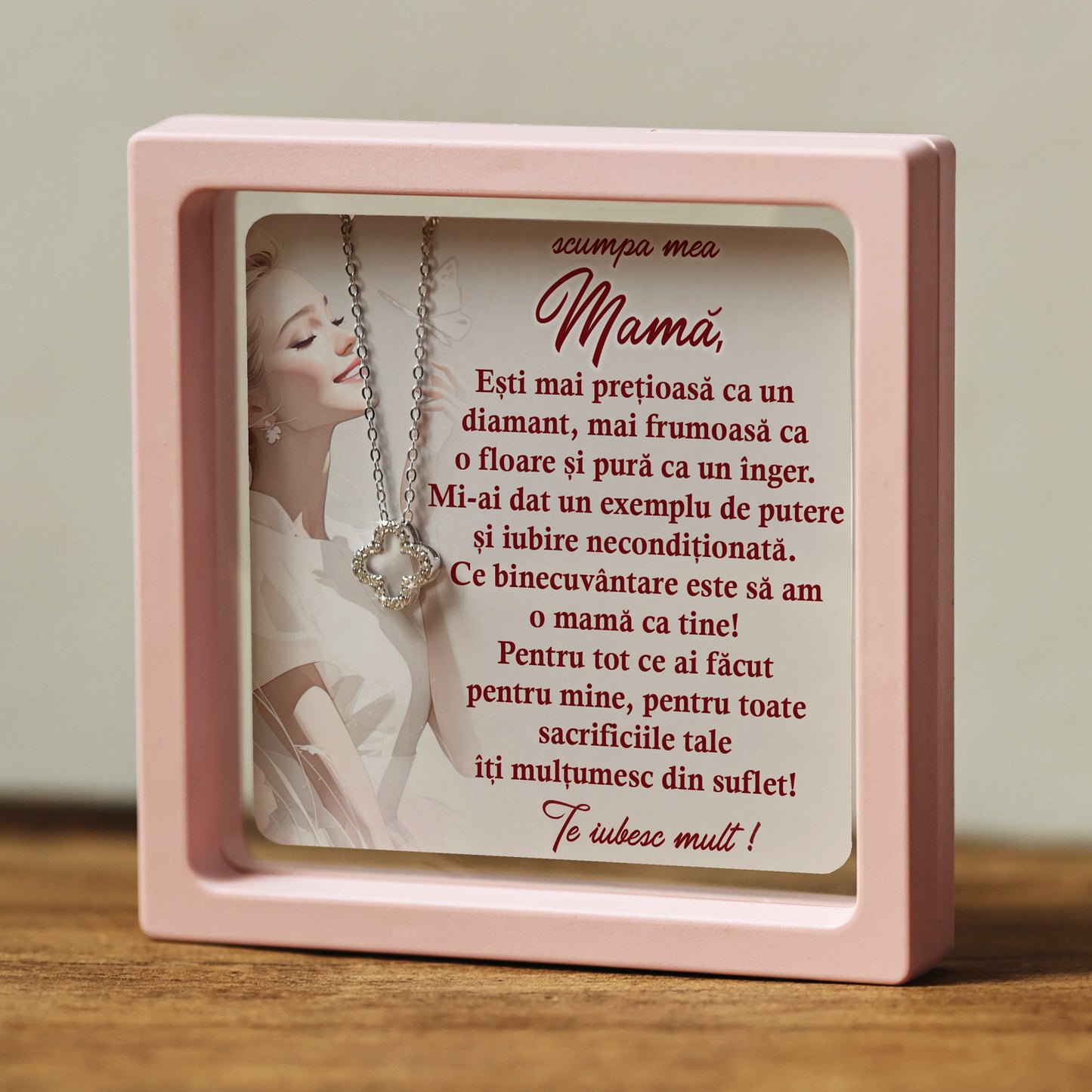 Cadou pentru Mamă ❤ Lanțișor din argint Floare, cu mesaj singular, ramă 3 culori