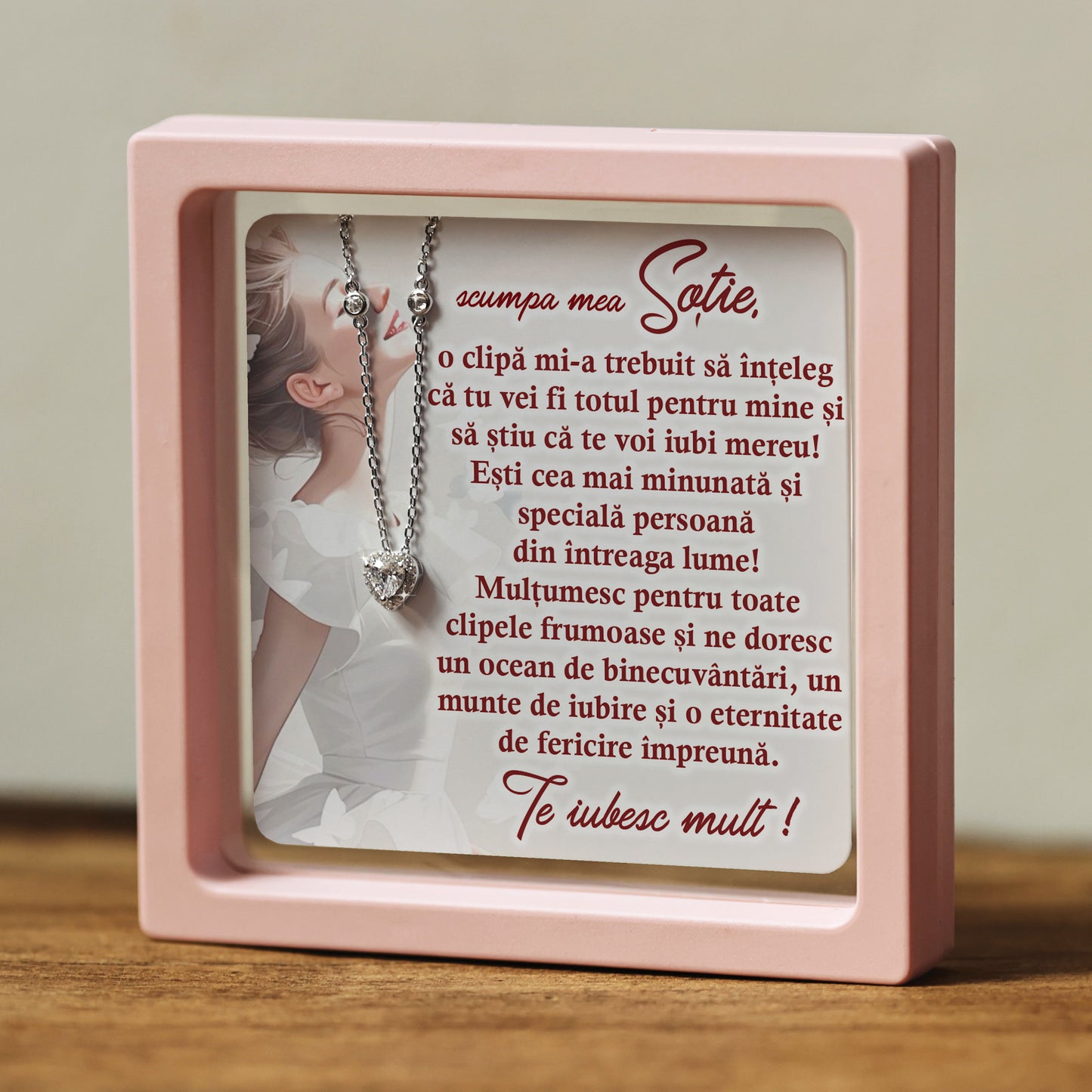 Cadou pentru Soție ❤ Lanțișor din argint Inimă, cu mesaj , ramă 3 culori