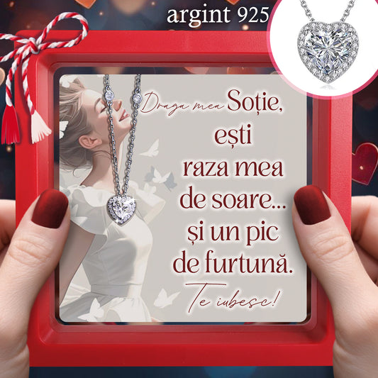 Cadou pentru Soție ❤ Lanțișor din argint Inimă, cu mesaj amuzant, ramă 3 culori