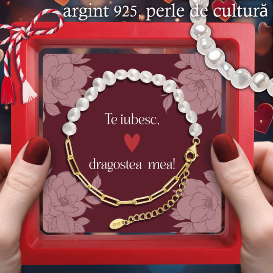 Cadou pentru Iubită ❤ Brățară din argint placat și perle, cu mesaj simplu, ramă 3 culori