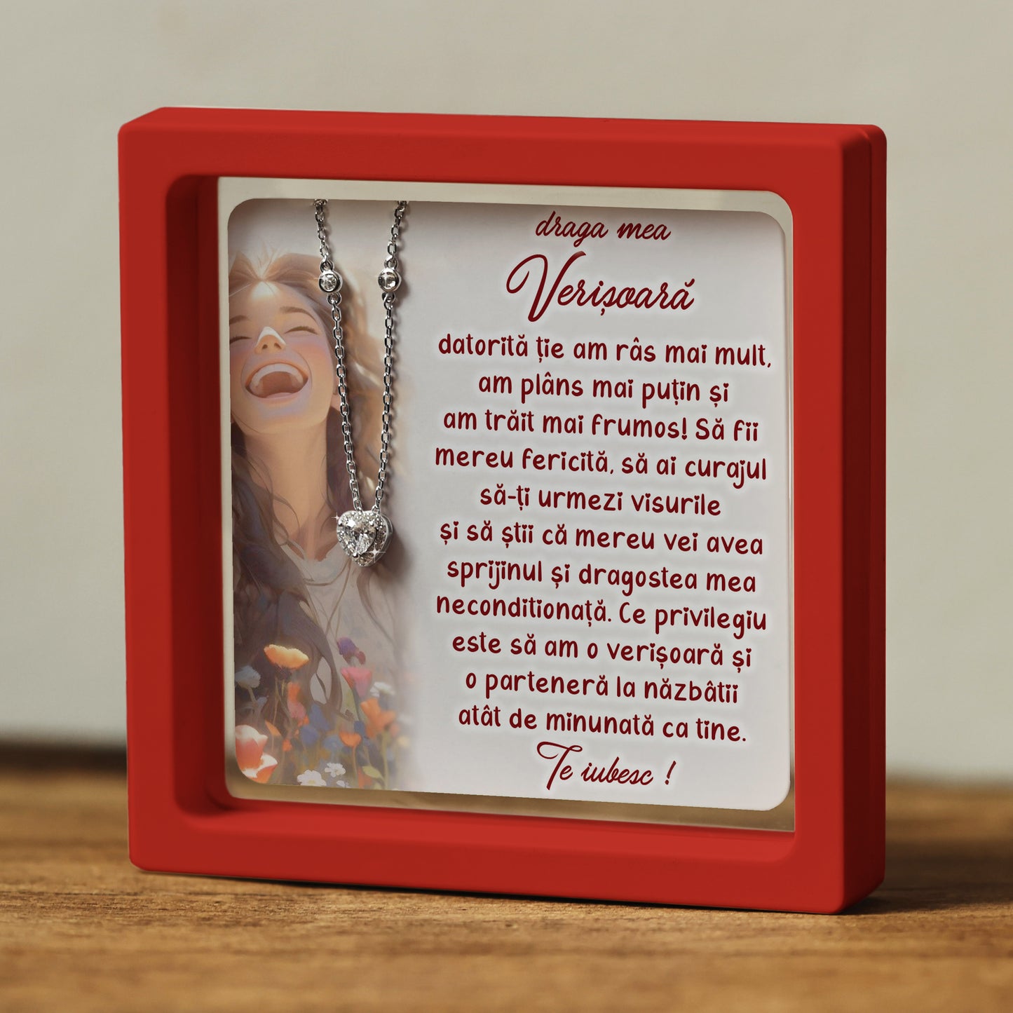 Cadou pentru Verișoară ❤ Lanțișor din argint Inimă, cu mesaj, ramă 3 culori