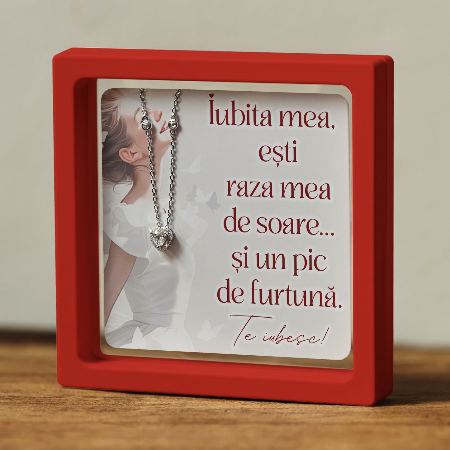Cadou pentru Iubită ❤ Lănțișor din argint Inimă, cu mesaj amuzant ramă 3 culori