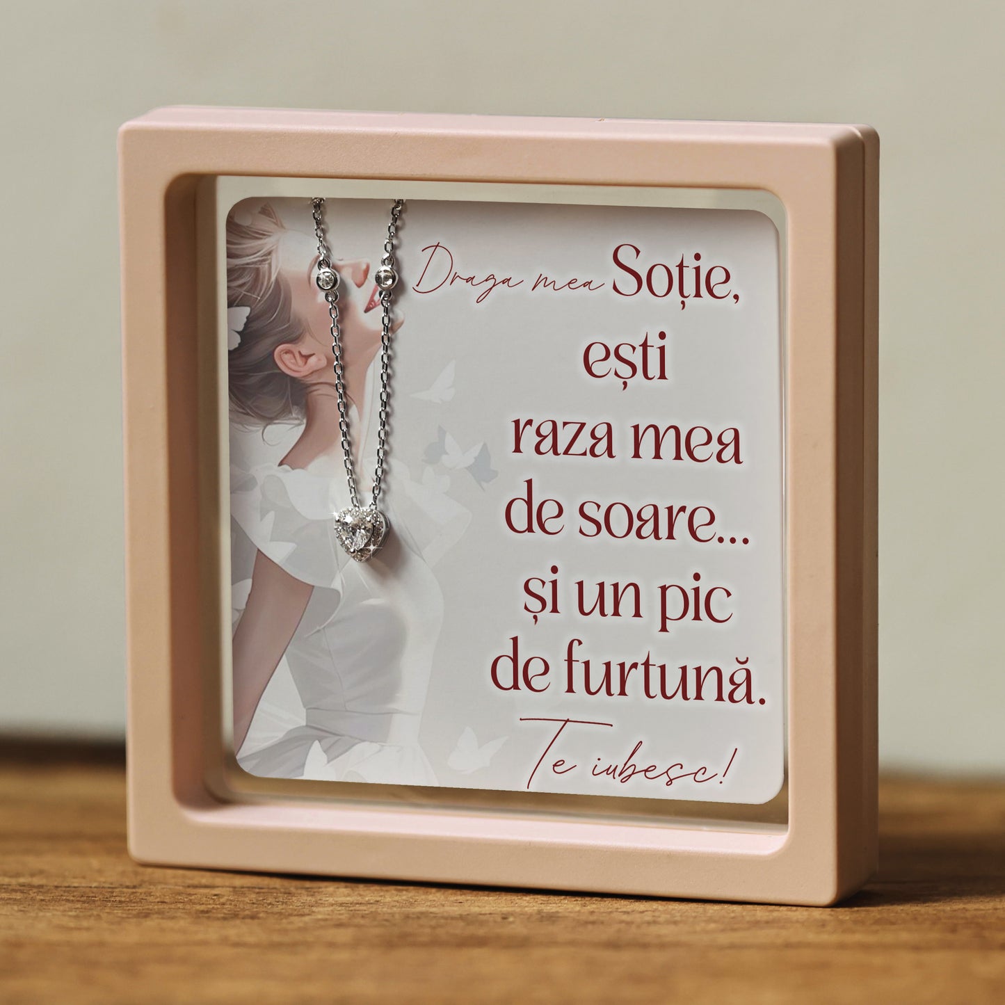 Cadou pentru Soție ❤ Lanțișor din argint Inimă, cu mesaj amuzant, ramă 3 culori