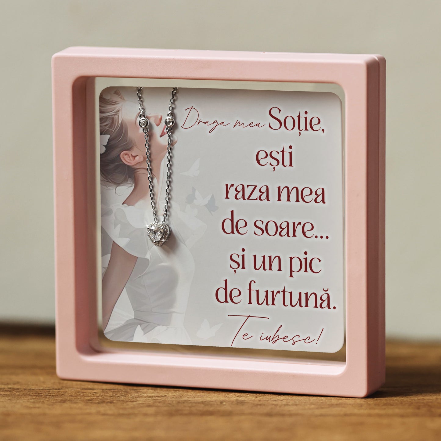 Cadou pentru Soție ❤ Lanțișor din argint Inimă, cu mesaj amuzant, ramă 3 culori