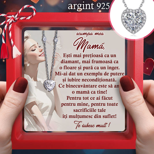 Cadou pentru Mamă ❤ Lanțișor din argint Inimă, cu mesaj singular, ramă 3 culori