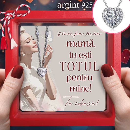Cadou pentru Mamă ❤ Lanțișor din argint Inimă, cu mesaj 'TOTUL', ramă 3 culori