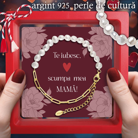Cadou pentru Mamă ❤ Brățară din argint placat și perle, mesaj singular, ramă 3 culori